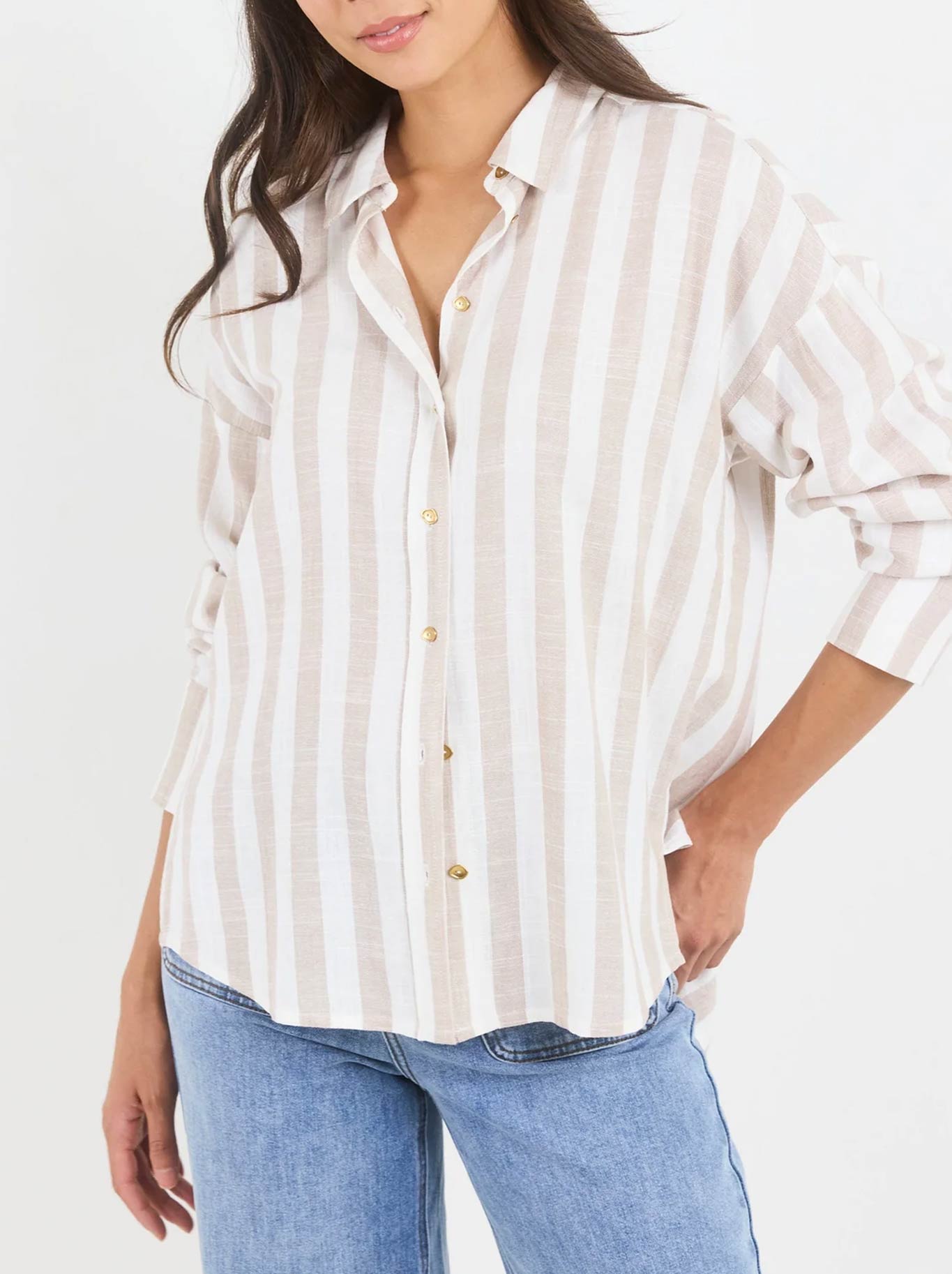 BY ROSA REVEAL STRIPE TIE BACK SHIRT
