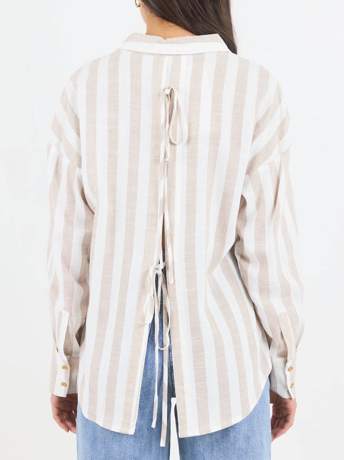 BY ROSA REVEAL STRIPE TIE BACK SHIRT