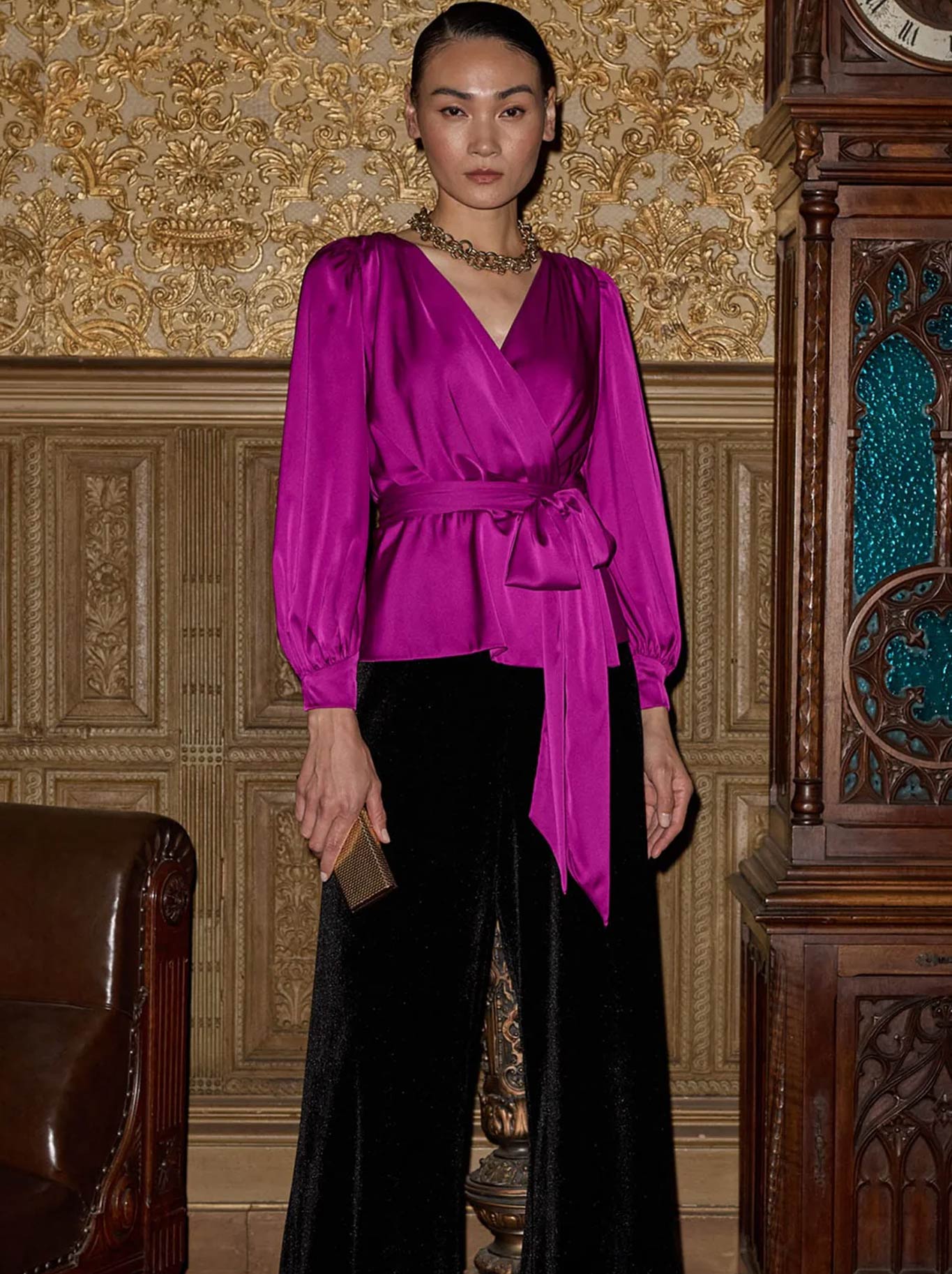 SACHA DRAKE SATIN FAUX WRAP TOP