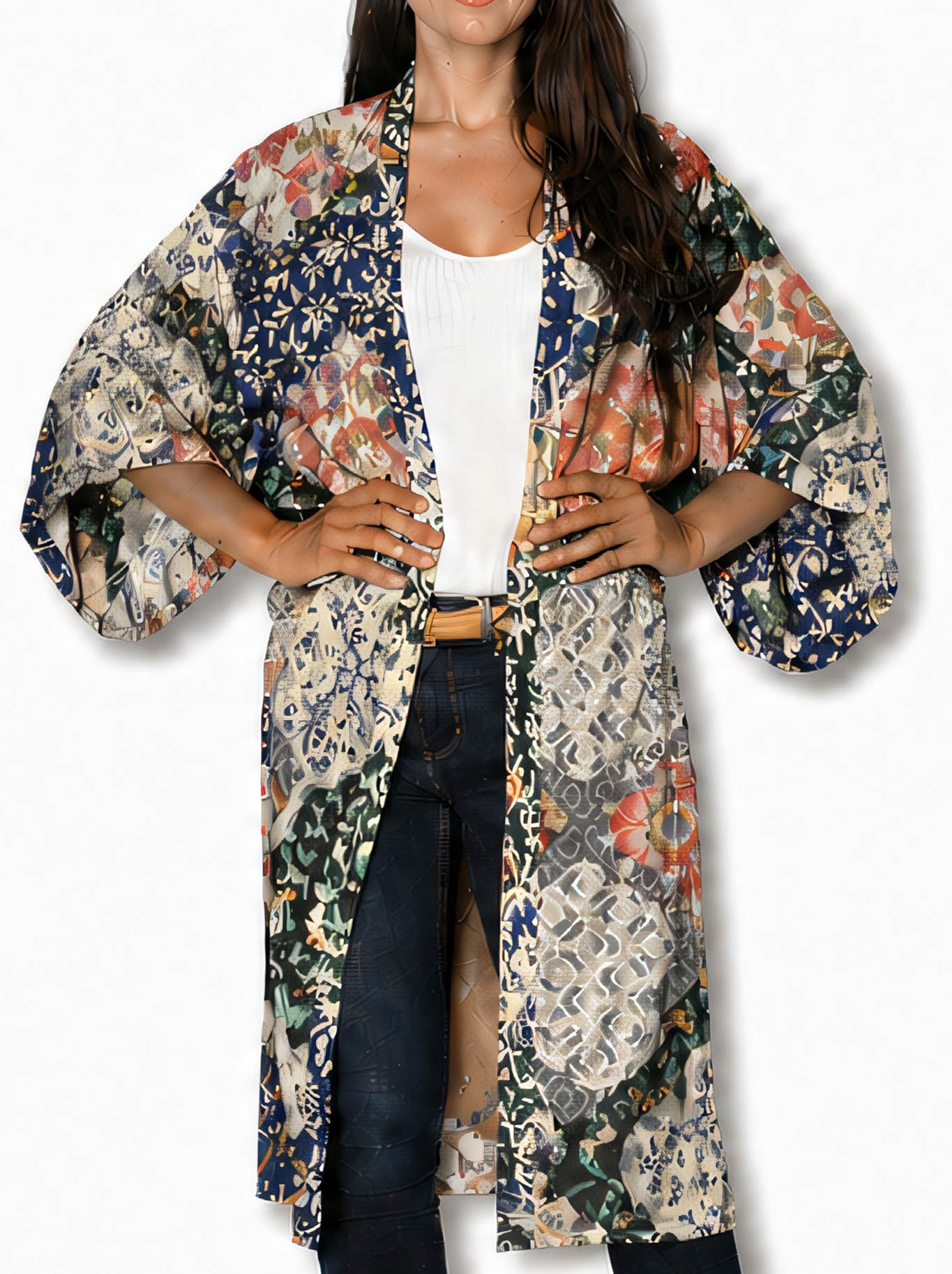THE ARTISTS LABEL ORIENTAL PATCHWORK LONG SILK KIMONO